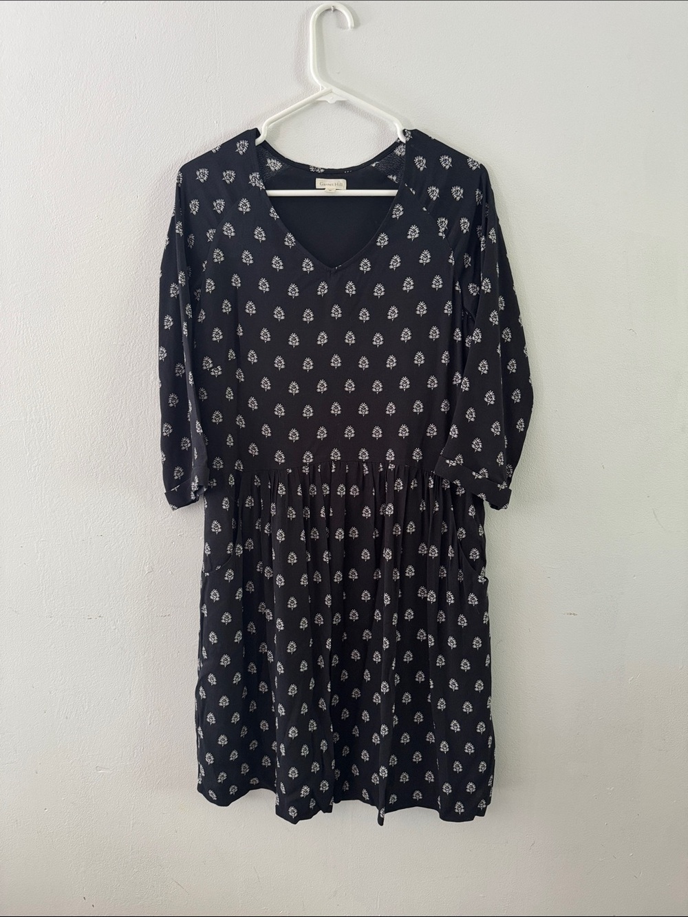 Garnet Hill Black Dress Bohemian Pocket Detail Woodblock Swing Loose Fit Sz 6